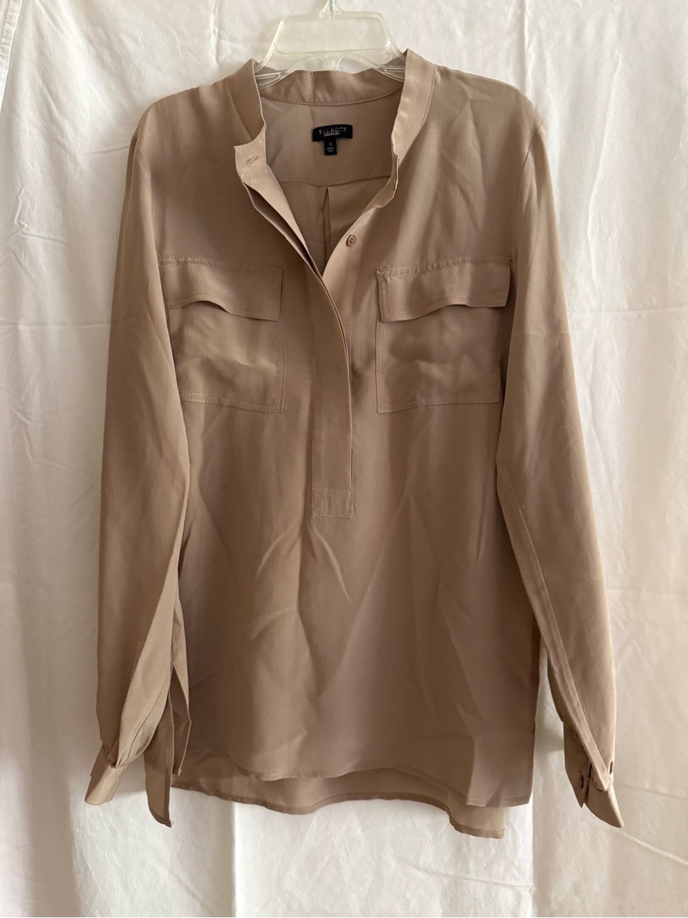 Talbots Taupe Button-Front Long-Sleeve Blouse